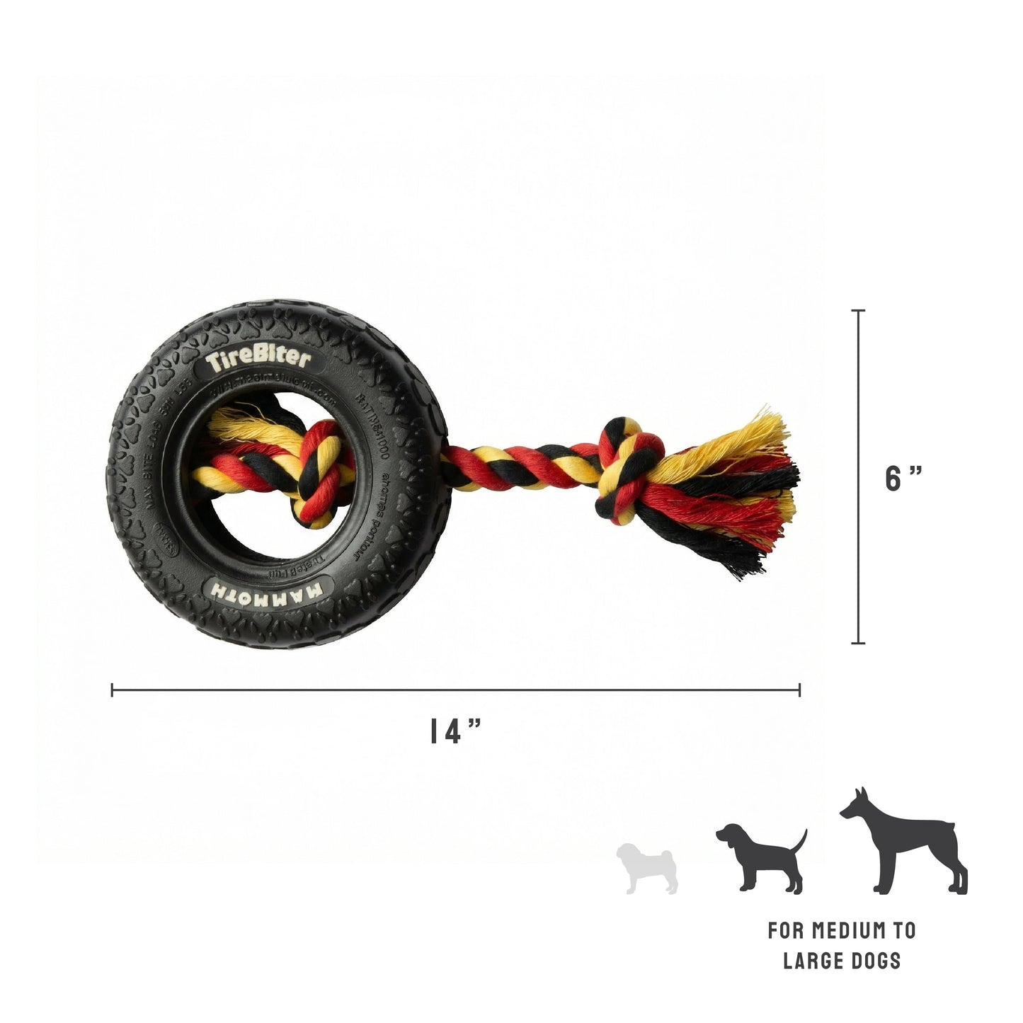Tirebiter Original Rubber Dog Toy with Cottonblend Assorted Color Rope, Small 6"