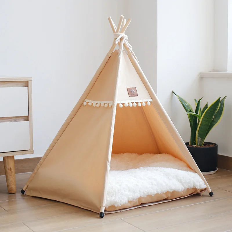 Dog Teepee Pet Tent Portable Dog House Cat Bed with Thick Warm Deep Sleeping Indoor Canvas Soft Puppy Teepee