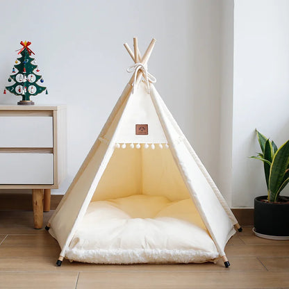 Dog Teepee Pet Tent Portable Dog House Cat Bed with Thick Warm Deep Sleeping Indoor Canvas Soft Puppy Teepee