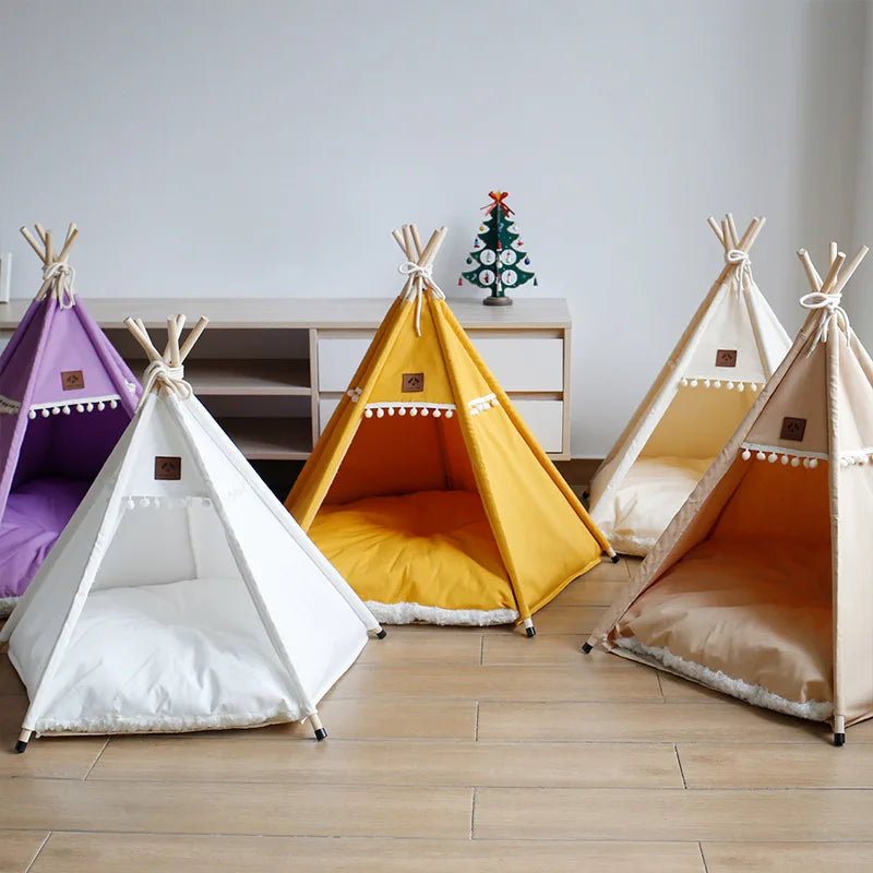 Dog Teepee Pet Tent Portable Dog House Cat Bed with Thick Warm Deep Sleeping Indoor Canvas Soft Puppy Teepee